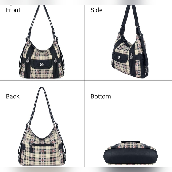 NWT! Black and Apricot Designer Angel Kiss Vegan Leather Plaid Shoulder Hobo Bag - Picture 5 of 7